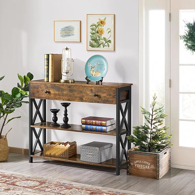 Yaheetech Console Table with Drawer, Entryway Table with 3 Tier Storage Shelves, Narrow Long Sofa Tables for Entryway, Living Room, Hallway, Couch, Kitchen, Metal Frame, Rustic Brown