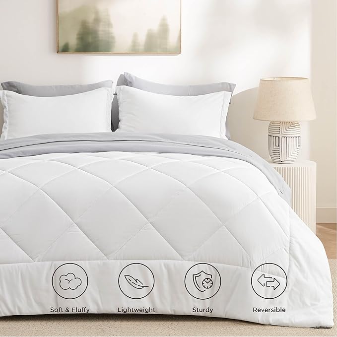 Bedsure Twin XL Comforter Set - 5 Pieces Reversible White and Grey Bedding, Twin XL Bed Set for All Seasons, Bed in a Bag with Down Alternative Comforter, Grey Sheets, Pillowcase & Sham