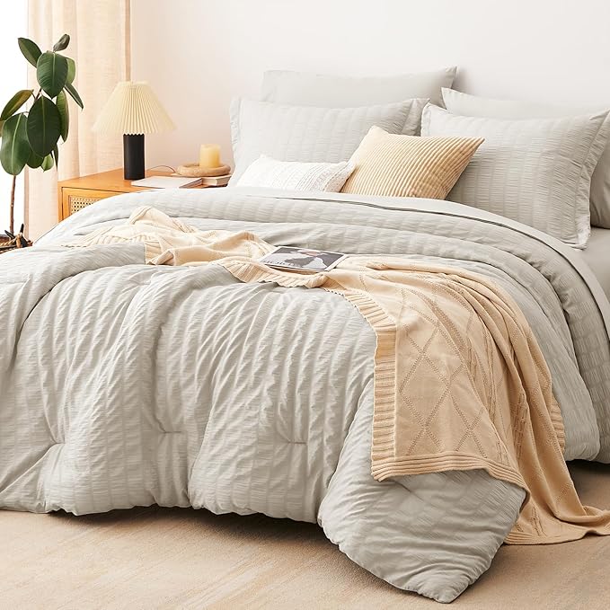CozyLux Oversized King Comforter Set Beige Seersucker 7 Pieces 120x98 Bed in a Bag Comforter Set with Sheets, Luxury Soft Bedding Sets with Down Alternative Comforter, Sheets, Pillowcases & Shams