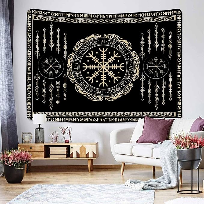 OSUNBD Nordic Vikings Tapestry 40x30 Inch - Soft Flannel Wall Hanging with Vegvsir, Celtic Runes, Scandinavian Mythology Art for Bedroom, Living Room Decor