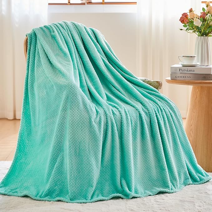 NEWCOSPLAY Super Soft King Blanket Aqua Premium Silky Flannel Fleece Leaves Pattern Lightweight Bed Blanket All Season Use (Aqua, King(90"x110"))