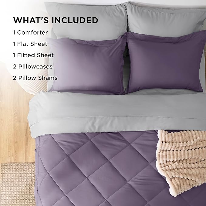 Bedsure Queen Comforter Set - 7 Pieces Reversible Grayish Purple Bedding, Queen Size Bed Set for All Seasons, Bed in a Bag with Down Alternative Comforter, Sheets, Pillowcases & Shams
