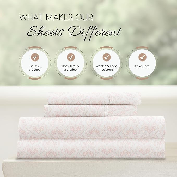 Linen Market 4 Piece King Sheet Set - Breathable, Double-Brushed Patterned Cooling Sheets – Oeko-TEX Certified Ultra Soft & Wrinkle-Free 16" Deep-Pocket King Sheets - Easy Care Classic in Pink