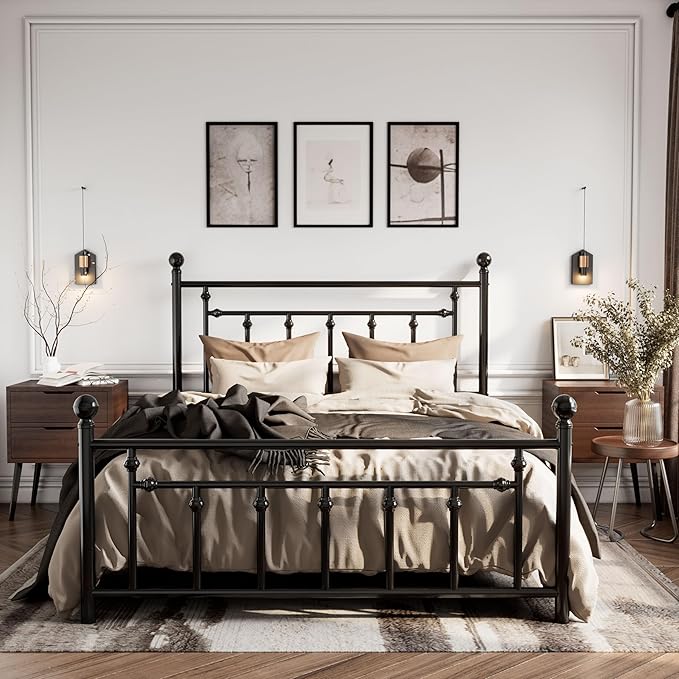 SHA CERLIN 14'' Queen Size Metal Platform Bed Frame/Victorian Headboard and Footboard/Steel Slats Mattress Foundation for Storage/No Box Spring Needed/Noise Free/Black