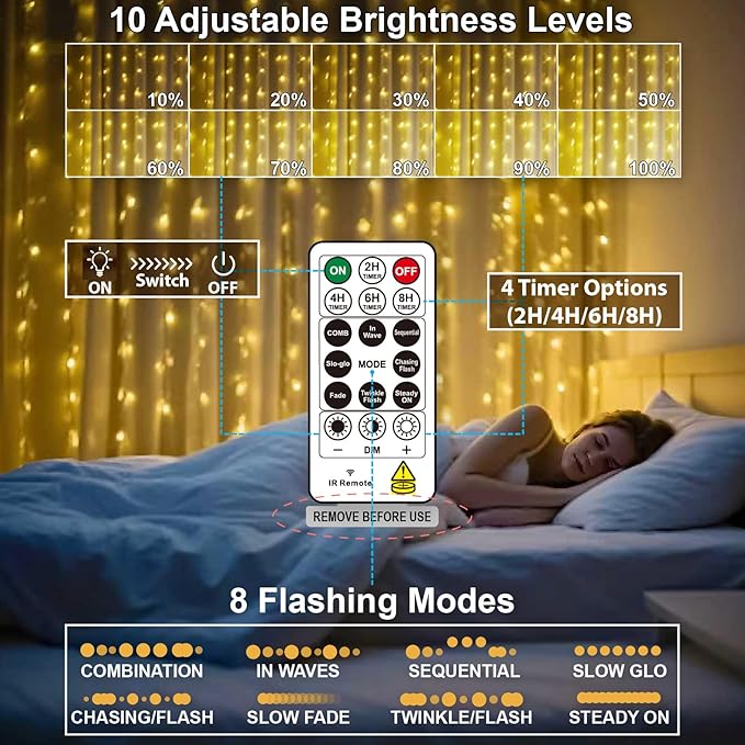 HXWEIYE 300LED Fairy Curtain Lights, 9.8x9.8Ft USB Plug-in 8 Modes Christmas String Hanging Lights with Remote for Bedroom Backdrop Wedding Party Indoor Wall Decor, Warm White, Standard