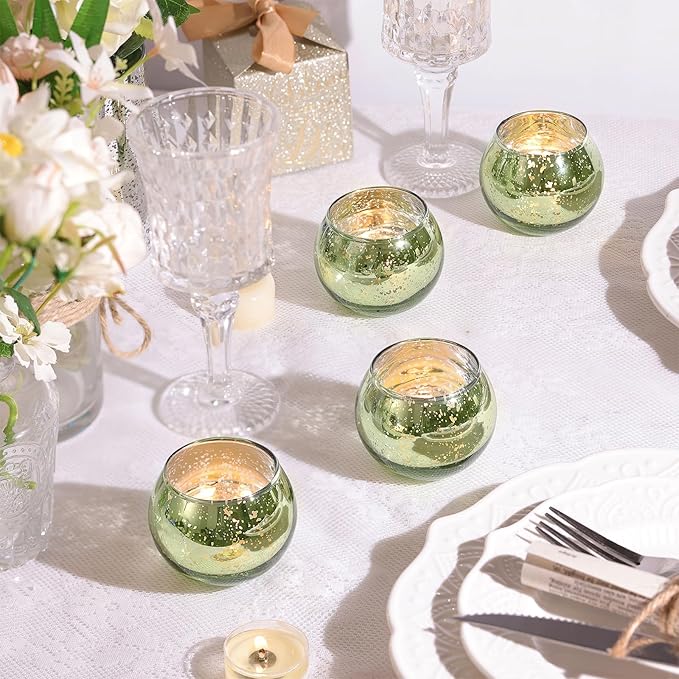 LAMORGIFT 12 PCS Green Votive Candle Holders- Mercury Glass Candle Holders for Sage Green Wedding Decor, Green Tea Light Candle Holders for Vintage Wedding, Engagement, Rehearsal Dinner Table Decor