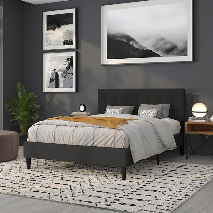 Flash Furniture Bedford Tufted Upholstered Headboard for Queen Size Bed, Contemporary Fabric Tufted Headboard with Adjustable Height, Black