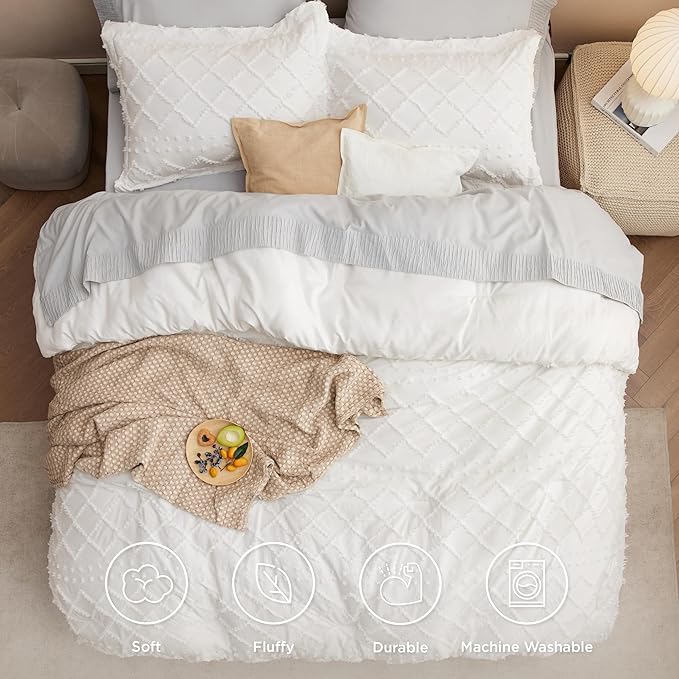 Bedsure Twin Comforter Set - Ivory Comforter, Boho Tufted Shabby Chic Bedding for Kids, 2 Pieces Vintage Farmhouse Bed Set for All Seasons, Fluffy Soft Bedding with 1 Pillow Sham