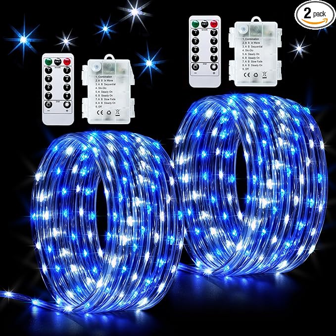 JMEXSUSS 2 Pack Rope Lights Battery Operated Christmas Lights Outdoor, Total 200LED 66ft 8 Modes Battery Powered String Lights with Remote, Blue and White String Light for Christmas Decor