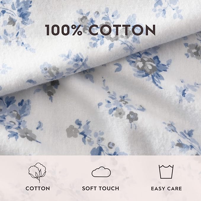 Laura Ashley - Flannel Sheets Twin Size, Anti-Pilling & Wrinkle Resistant Cotton, Touchably Soft for All-Season Comfort - Bed Sheets with Matching Pillowcase & Fitted Sheet (Audrey Blue)