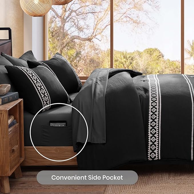MaiRêve Embroidery King Size Comforter Set Black, Boho Farmhouse Western Bedding Set 7 Pieces, All Season Bed in A Bag Comforter Set with Sheets, Pillowcases & Shams