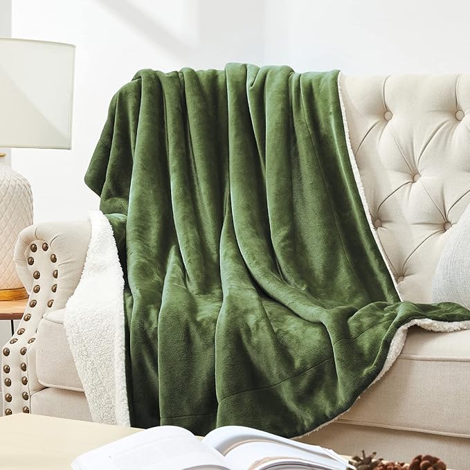 Walensee Sherpa Fleece Blanket (Throw Size 50”x60” Olive Green) Plush Throw Fuzzy Super Soft Reversible Microfiber Flannel Blankets for Couch, Bed, Sofa Ultra Luxurious Warm and Cozy for All Seasons