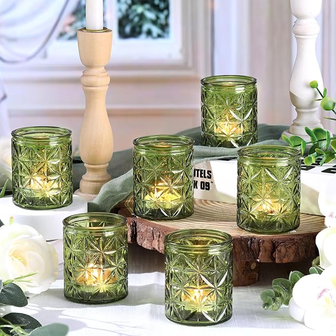 Green Votive Candle Holders Set of 12-Vintage Green Candle Holder for Wedding,Tea Light Candle Holders for Home Table Centerpieces Decor,Glass Candle Holder for Baby Shower & Bridal Shower
