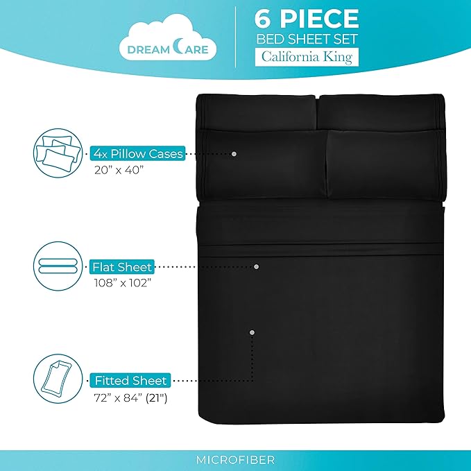 DREAMCARE California King Sheet Sets – 6 pcs Cooling Bed Sheets – up to 21” Deep Cal King Sheets – 2500 Supreme Collection – Extra Soft 100% Brushed Microfiber Hotel Luxury with Side Pocket – Black