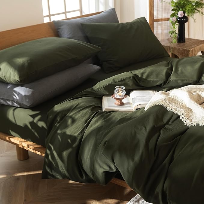 MooMee Bedding Duvet Cover Set 100% Washed Cotton Linen Like Textured Breathable Durable Soft Comfy (Solid Olive Green, Oversized King Plus 128"x120")