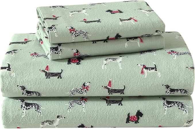 Laura Ashley - Flannel Sheets Full Size, Anti-Pilling & Wrinkle Resistant Cotton, Touchably Soft for All-Season Comfort - Bed Sheets with Matching Pillowcases & Fitted Sheet (Holiday Pups Green)