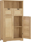 Iwell Storage Cabinet with 2 Drawers & Adjustable Shelves, Rattan Cabinet, Kitchen Pantry Cabinets, Cupboard for Living Room, Kitchen, Home Office, Natural
