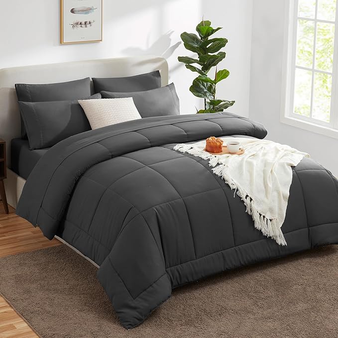 CozyLux California King Comforter Sets Dark Grey, 7 Pieces Cal King Bed in a Bag, All Season Bedding Sets with Stitch Quilted Comforter, Flat Sheet, Fitted Sheet, Pillowcases
