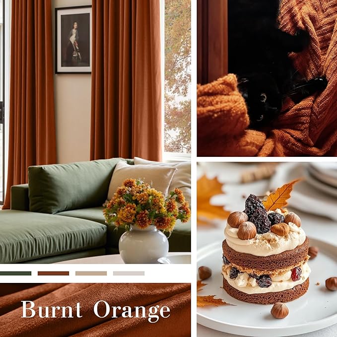Lazzzy Velvet Blackout Curtains Thermal Insulated Room Window Drapes Super Soft Luxury Curtains for Living Room Bedroom Rod Pocket 2 Panels, Burnt Orange, 52" W x 90" L