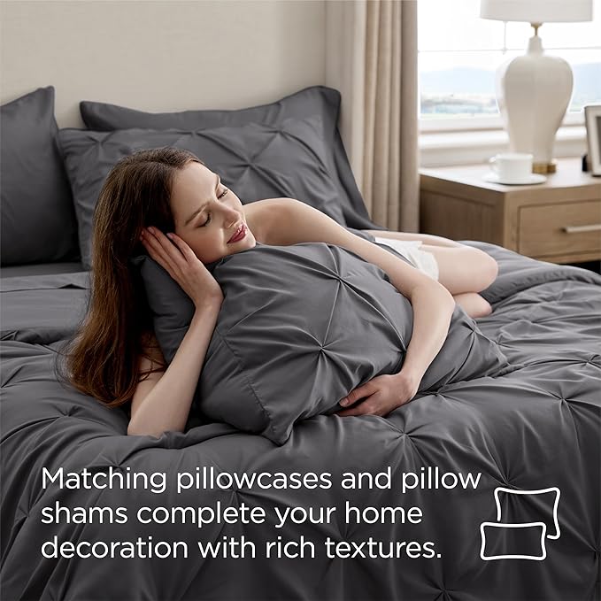 Bedsure Queen Comforter Set Dark Grey - Bed in a Bag Queen Size Bedding 7 Pieces, GentleSoft™ Pintuck Bed Set Gift for Family, Pinch Pleat All Season Comforter with Sheets, Pillowcases & Shams