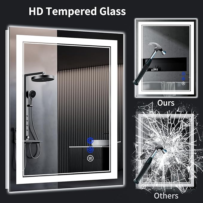 32"x28" LED Bathroom Mirror with Anti-Fog, Stepless Dimmable Lights, 3 Color Modes, Shatter-Proof Tempered Glass, Memory Function & Waterproof Design