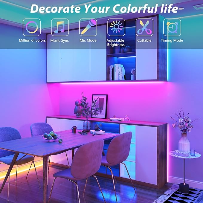 Led Lights for Bedroom 50FT, RGB Led Strip Lights Color Changing Indoor, Music Sync Led Light Strip with Remote & App Control, DIY Fancy Led Lights for Room Decor Ambient Lighting (1 * 50FT)