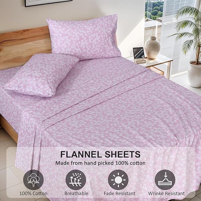 RUVANTI Flannel Sheets King Size - 100% Cotton Brushed King Size Sheets Set - Deep Pockets 16 Inches Bed Sheets - All Seasons Breathable & Extra Soft - Warm & Cozy, 4 Piece, Pink Flora