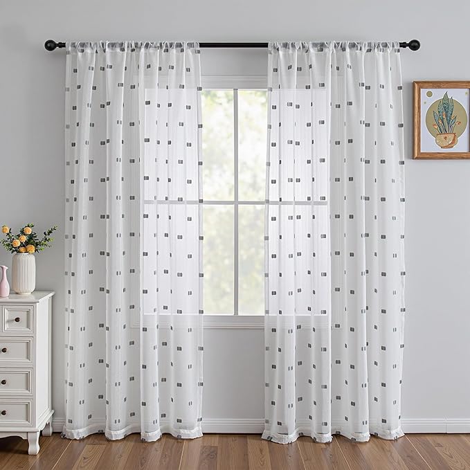 MYSKY HOME White Curtains for Bedroom 84 Inch Length Long Sheer Curtains for Living Room Nursery Curtains with Grey Patched Design Rod Pocket Privacy Window Drapes Dining Room 52" x 84" 2 Panels