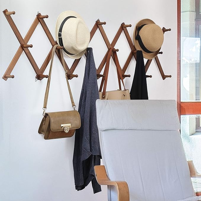 WEBI Accordion Wall Hanger,Expandable Wooden Hat Rack for Wall Mounted Coat Rack,Accordion Hat Hooks Holder for Baseball Caps,17 Peg,Rustic Brown,2 Packs