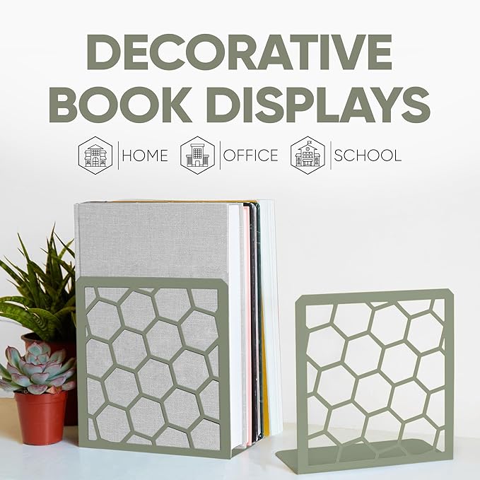 GEOMOD Geometric Honeycomb Sage Metal Bookends Decorative - Tall Sturdy Book Ends for Shelves - Modern Heavy Duty Bookend Stopper - Office or Home Book Shelf Holder - 6x3.25x6.25 Inches-2 Pair