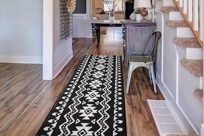 Custom Length Cut to Size Tribal Ethnic Southwestern Inspired Hallway Runner Rug, Non Slip Rubber Backed, 31 inch Wide X Customized Length, Aztec Black, 31 inch X 30 feet