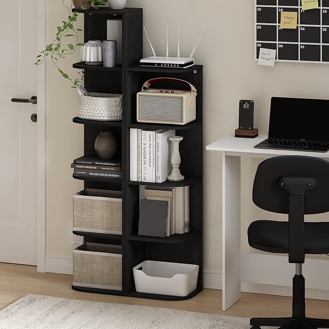 Furinno PASIR Book Shelf, 5-Tier Corner Bookshelf, Open Shelves Bookcase 9.3" x 12" x 51.7", for Living Room, Bedroom, Home Office, Blackwood