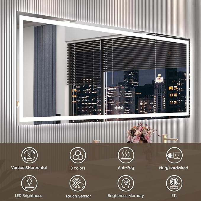 88"X38" LED Bathroom Mirror with Front Lights and Backlit, Anti-Fog, Dimmable, Shatter-Proof Tempered Glass, Lighted Bathroom Vanity Mirror for Wall with 3 Colors, Memory Function