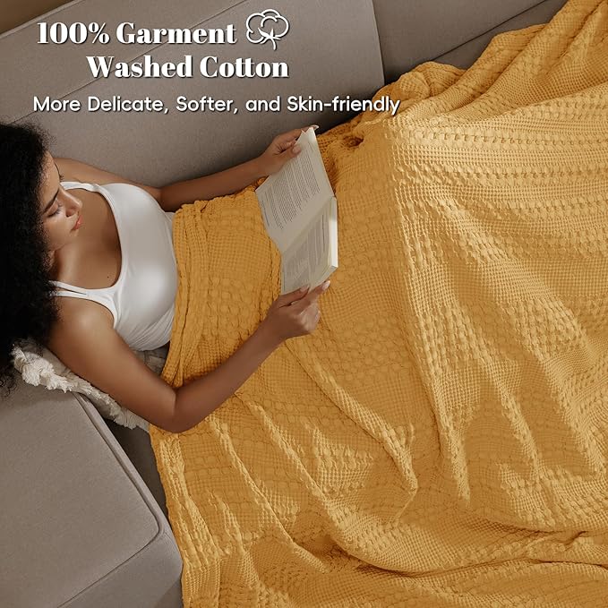 PHF 100% Cotton Waffle Weave Blanket Queen Size for Bed, Lightweight Washed Cotton Blanket - 90"x90" Aesthetic Soft Woven and Breathable Blanket for Sofa Home Decor - Ginger Yellow