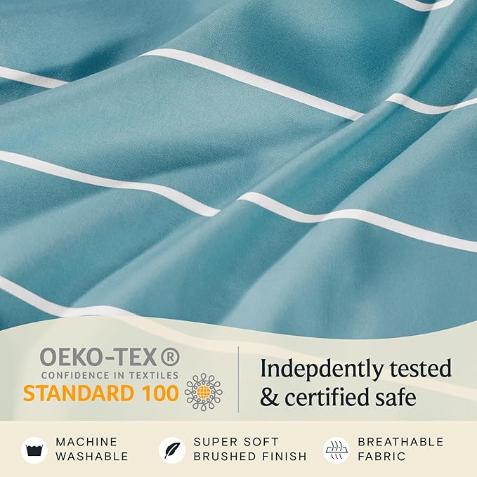 LuxClub 4 PC Full Size Sheet Set Bed Sheets, Breathable Luxury Deep Pockets Wrinkle Free Cooling Sheets Machine Washable Hotel Bedding (Full, Striped Light Blue)