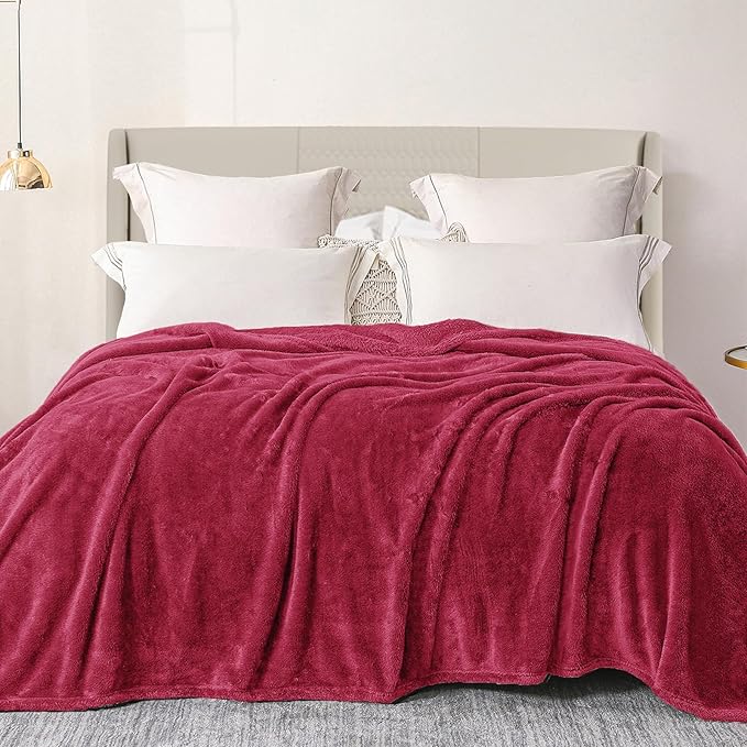 Exclusivo Mezcla Plush Fuzzy Fleece Bed Blanket Queen Size, Super Soft, Fluffy and Warm Blankets Suitable for All Seasons (Deep Red, 90x90 Inches)