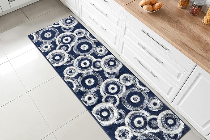 Custom Length Cut to Size Retro Modern Coastal Carpet Runner Rug for Hallways, Non Slip Rubber Backed, 31 inch Wide X Customized Length, Geo Blue, 31 inch X 20 feet