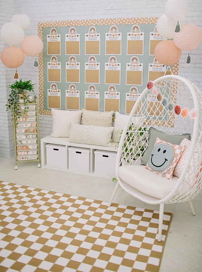 Flagship Carpets Schoolgirl Style Brown and White Checkerboard Educational Area Rug for Kids Room Seating Décor, Children's Classroom, Play Carpet for Teaching and Playroom, 7'6" x 12', Neutral