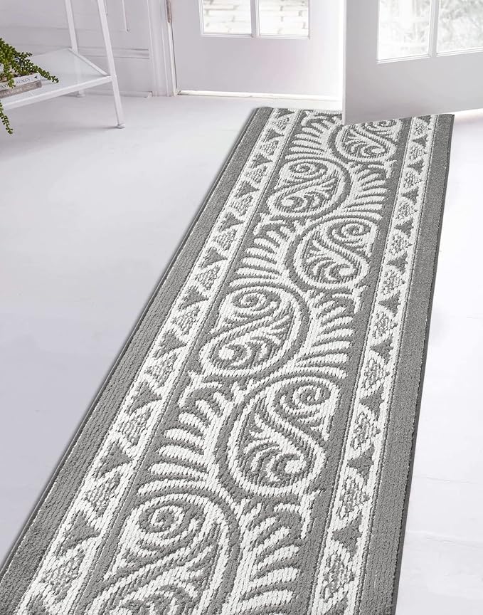 Custom Length Cut to Size Tribal Ethnic Southwestern Inspired Hallway Runner Rug, Non Slip Rubber Backed, 31 inch Wide X Customized Length, Mayan Grey, 31 inch X 18 feet