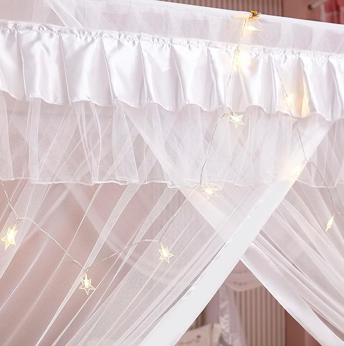 Mengersi 4 Corners Post Canopy Bed Curtains for Girls Kids Adults Queen Size- Cute Cozy Drape Square Netting - 4 Opening Mosquito Net - Princess Bedroom Decoration Gift