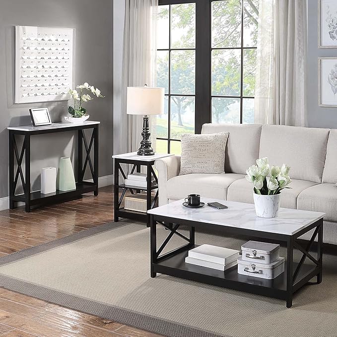 Convenience Concepts Oxford Console Table 39.5" - Sofa Table with Storage Shelf, Transitional Entryway Hall Table for Living Room and Bedroom, Display Foyer Table, White Faux Marble/Black