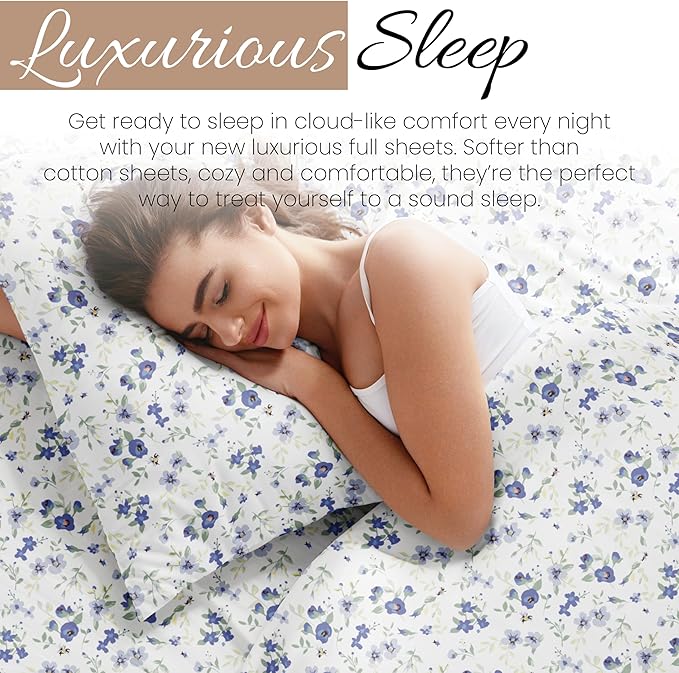 Linen Market Double-Brushed Patterned Microfiber Full Sheet Set 4 Piece – Oeko-TEX Certified Ultra Soft & Wrinkle-Free - 16" Deep Pocket Sheets - Easy Care Full Size - Blossoms Light Blue