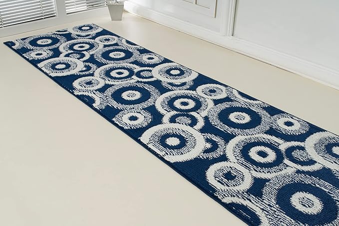 Custom Length Cut to Size Retro Modern Coastal Carpet Runner Rug for Hallways, Non Slip Rubber Backed, 31 inch Wide X Customized Length, Geo Blue, 31 inch X 20 feet