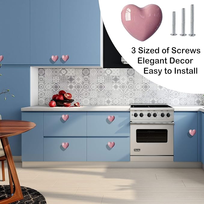 Ceramic Drawer Knobs Heart Shape Cabinet Dresser Pulls Handles with 3 Sized Screws, Kitchen Furniture Knobs for Closet Cupboard Wardrobe (2 Pack, Pink)