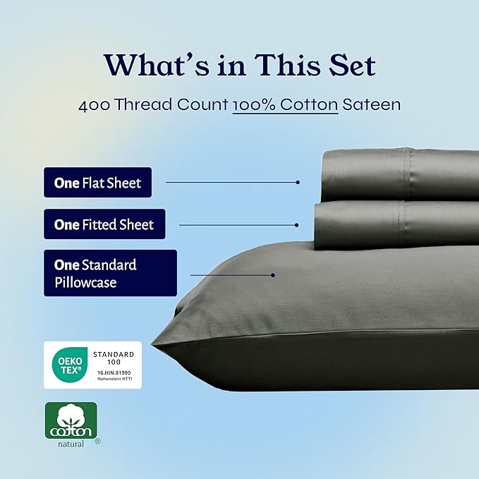 California Design Den Soft Twin Sheets Set - 400 Thread Count Sateen, Natural 100% Cotton Sheets, Deep Pockets, Cooling and Durable Bedding Set for Dorm Rooms & Adults - Grey