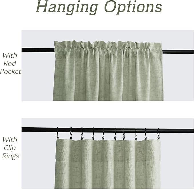 RYB HOME Linen Sheer Curtains and Drapes for Living Room and Dining Room 95 inches Length, Breathable Weave Textured/Rod Pocket Semi Sheer Curtains, Sage Green, W 52 x L 95 inches, 2 Panels Set