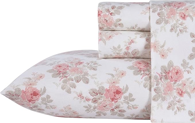 Laura Ashley - Flannel Sheets Full Size, Anti-Pilling & Wrinkle Resistant Cotton, Touchably Soft for All-Season Comfort - Bed Sheets with Matching Pillowcases & Fitted Sheet (Lisalee Pink)
