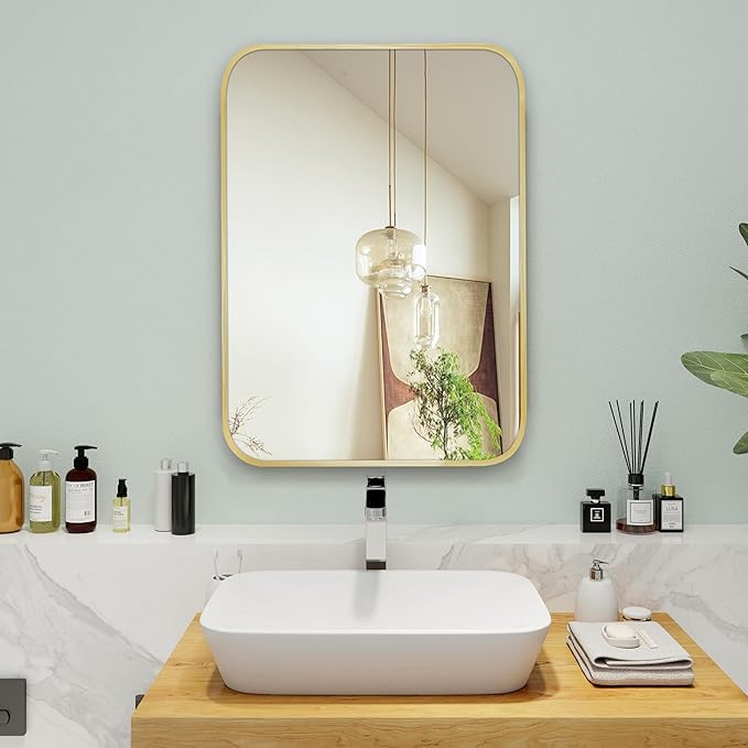 20"x30" Brushed Matte Gold Mirror for Wall, Gold Metal Framed Rounded Corner Rectangular Mirror for Bathroom Vanity,Entryway,Living Room,Bedroom,Vertical or Horizontal