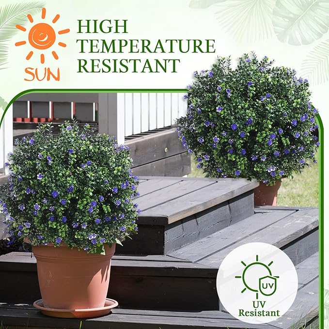 Yunlly Set of 2 Artificial Boxwood Topiary Ball Tree Fake Bushes Shrubs Outdoor Faux Plant with Ground Spike Flowers UV Resistance Greenery for Front Porch Garden Patio Indoor(Purple,27x18inch)