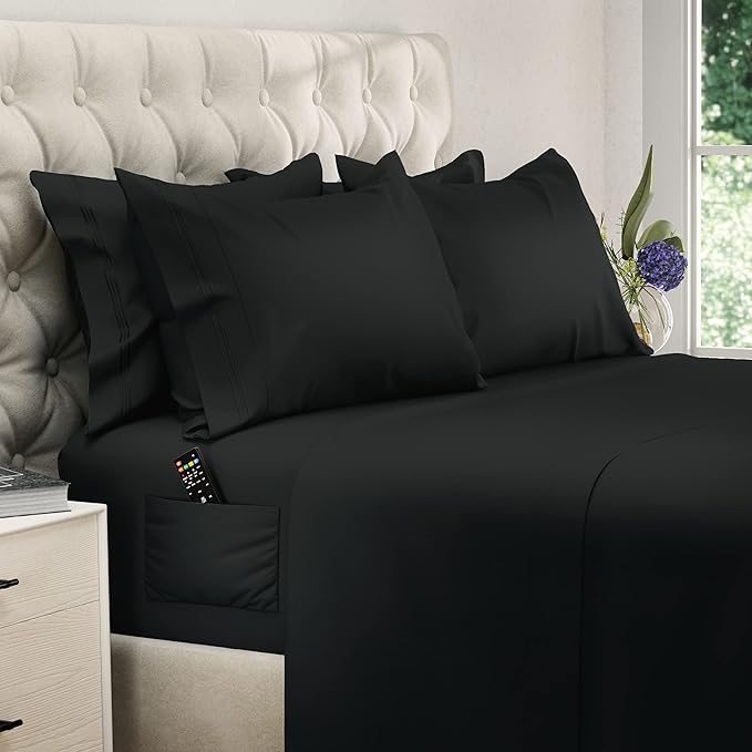 DREAMCARE Queen Sheet Set – 6 pcs Cooling Bed Sheets – up to 21” Deep Pocket Queen Sheets Set – 2500 Supreme Collection – Extra Soft 100% Brushed Microfiber Hotel Luxury with Side Pocket – Black